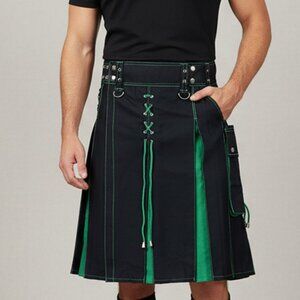 Utility Black Hybrid Kilt Green Pleats and Lacing Highlander Kilt